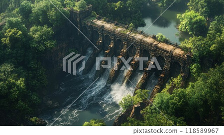 Aerial view of a bridge over a river, surrounded by green trees 118589967