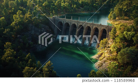 Aerial view of a bridge over a river, surrounded by green trees 118589968