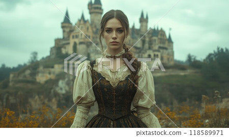 A woman in a medieval gown stands gracefully before a grand castle 118589971