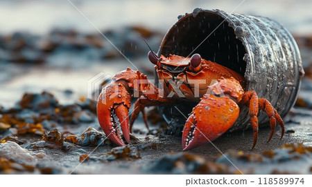 A small crab is slowly crawling its way out of a trash can 118589974