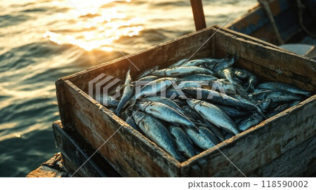 A wooden box that is filled with various fish is currently in the water A wooden box that is filled with various fish is currently in the water 118590002