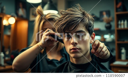 A woman is skillfully cutting a man s hair inside a busy barber shop 118590007