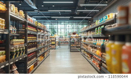 An empty grocery store aisle that is filled with a wide array of products 118590044
