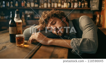 A man sleeps at a bar next to a bottle and glass of whiskey 118590045