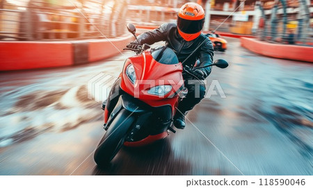 A man is riding a bright red motorcycle on a slick, wet track 118590046