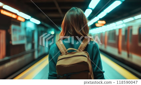 A woman with a backpack is standing at a busy train station A woman with a backpack is standing at a busy train station 118590047