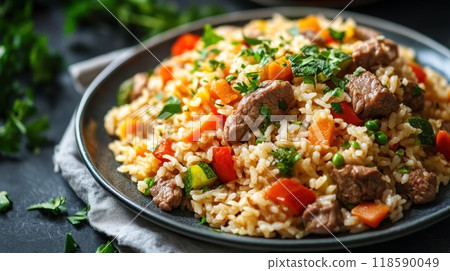 On the table sits a plate filled with rice, meat, and assorted vegetables On the table sits a plate filled with rice, meat, and assorted vegetables 118590049