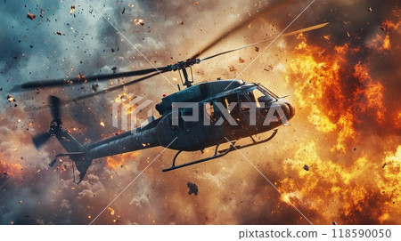 A helicopter is soaring high through a cloudy sky, surrounded by fierce flames 118590050