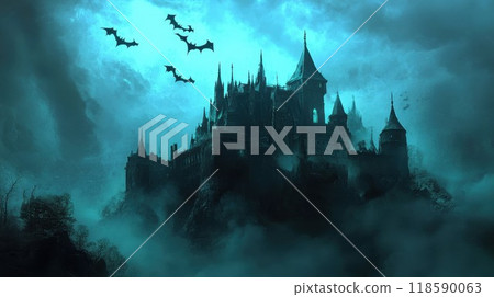 A majestic castle sits atop a hill, surrounded by bats soaring around it A majestic castle sits atop a hill, surrounded by bats soaring around it 118590063