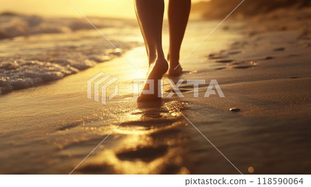 An individual is strolling barefoot along the sandy beach during sunset 118590064