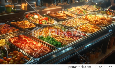 A buffet that is completely filled with numerous kinds of food options A buffet that is completely filled with numerous kinds of food options 118590066