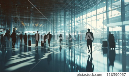 A diverse group is walking through a busy airport, carrying luggage 118590067