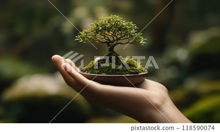 A person is gently holding a small and delicate bonsai tree in their hand A person is gently holding a small and delicate bonsai tree in their hand 118590074