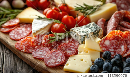 A wooden cutting board featuring an assortment of meats and cheeses 118590076