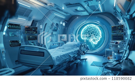 Futuristic hospital room featuring a bed and a brain picture 118590082