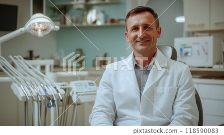 A dentist is sitting comfortably in a chair within a dental office 118590083