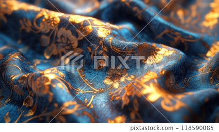 Closeup of beautiful blue and gold fabric with floral pattern 118590085