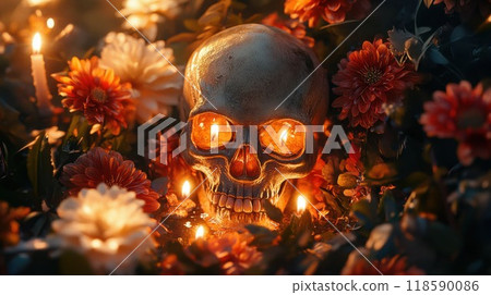 A skull is beautifully surrounded by vibrant flowers and flickering candles A skull is beautifully surrounded by vibrant flowers and flickering candles 118590086