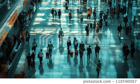 A large group of people is walking through an airport terminal A large group of people is walking through an airport terminal 118590087