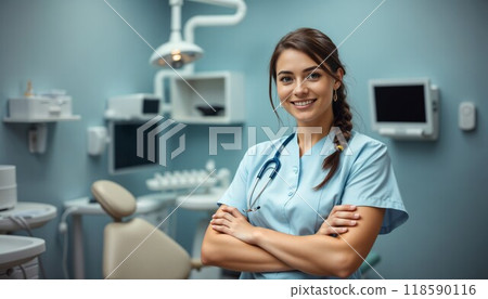A female dentist stands with her arms crossed in a dental office 118590116