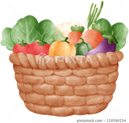 Vegetables in a wicker basket watercolor illustration 118590154