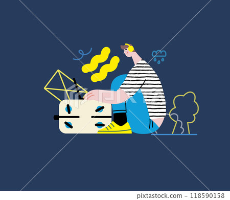 Creative workspace, modern flat vector concept illustration of a man working sitting with laptop on baggage suitcase Remote work, flexibility, independence, efficiency, mobility, synergy, freedom 118590158