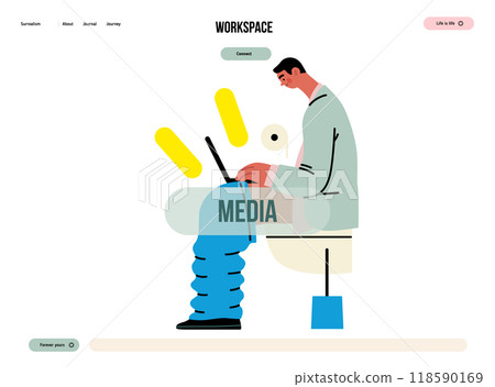 Creative workspace, modern flat vector concept illustration of a man working sitting on the toilet with a computer Remote work, flexibility, independence, efficiency, mobility, synergy, freedom Creative workspace, modern flat vector concept illustration of a man working sitting on the toilet with a computer Remote work, flexibility, independence, efficiency, mobility, synergy, freedom 118590169