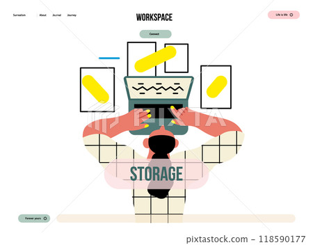 Creative workspace, modern flat vector concept illustration of a woman working laying down with a computer Remote work, flexibility, independence, efficiency, mobility, synergy, freedom 118590177