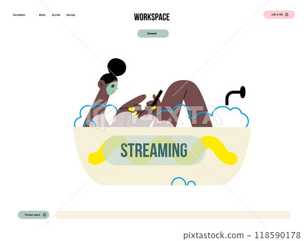 Creative workspace, modern flat vector concept illustration of a woman working sitting with a computer in a bath tube Remote work, flexibility, independence, efficiency, mobility, synergy, freedom 118590178