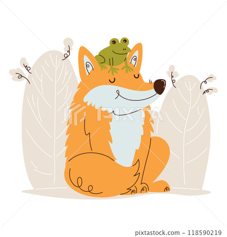 Cute fox with frog on head illustration Cute fox with frog on head illustration 118590219