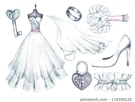 A set of attributes and a bride's outfit. A white wedding dress on a mannequin, a veil, a slipper and a garter, a bride's bouquet and an engagement ring. A watercolor illustration made by hand. A set of attributes and a bride's outfit. A white wedding dress on a mannequin, a veil, a slipper and a garter, a bride's bouquet and an engagement ring. A watercolor illustration made by hand. 118590220