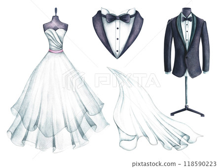 Wedding set with bride's dress, veil and groom's tuxedo. Handmade watercolor illustration. For greeting and invitation cards, banners, flyers and posters, packaging, labels. 118590223