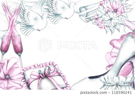 wedding frame with pink and white flowers, wedding rings and champagne and the bride's slipper. Handmade watercolor illustration. For greeting and invitation cards, banners, flyers and posters. 118590241