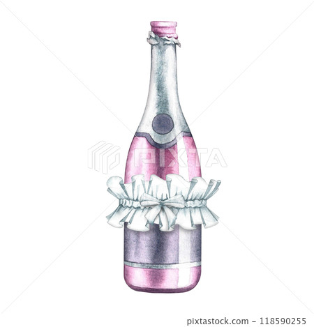 An open bottle of pink champagne decorated with a bride's garter. Handmade watercolor illustration. Pink glass bottle for alcoholic sparkling drink. For invitations, greeting cards and posters. 118590255