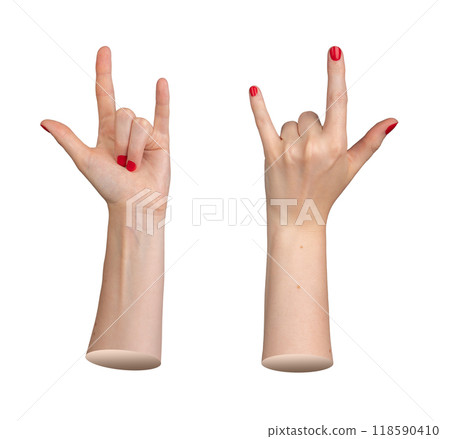 A hand making the rock gesture with fingers extended, symbolizing music and punk culture. The hand A hand making the rock gesture with fingers extended, symbolizing music and punk culture. The hand 118590410