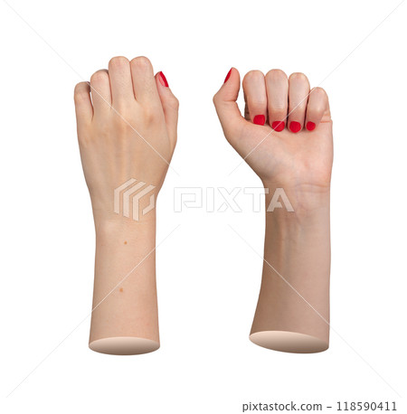 Hand gestures with red finger nails, isolated on white background Hand gestures with red finger nails, isolated on white background 118590411