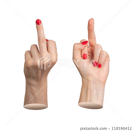 Rude gesture, middle finger symbol, hand sign isolated on white background Rude gesture, middle finger symbol, hand sign isolated on white background 118590412