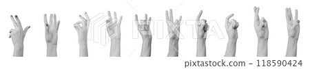 Quirky hand gestures, whimsical finger signs set, isolated on white background 118590424