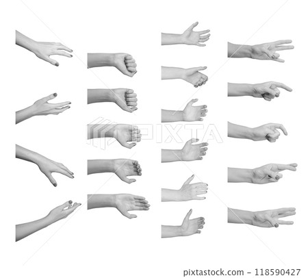 Different hand gestures, finger signs set, isolated on white background Different hand gestures, finger signs set, isolated on white background 118590427