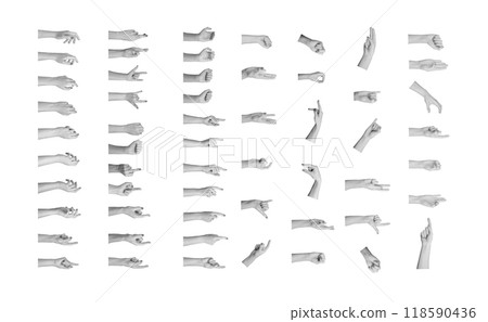 Different hands gestures set isolated on white background. Finger pointing, reaching, clicking, Different hands gestures set isolated on white background. Finger pointing, reaching, clicking, 118590436