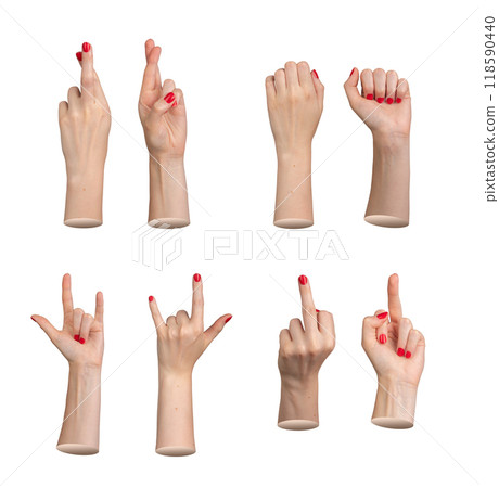 Hand gestures set. Middle finger showing rude sign, crossed of liar, fist and horns set isolated on Hand gestures set. Middle finger showing rude sign, crossed of liar, fist and horns set isolated on 118590440