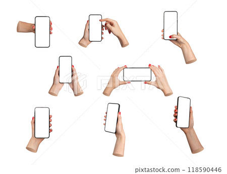Hand holding mobile phone screen mockup, using smartphone display mock up, use cellphone touchscreen Hand holding mobile phone screen mockup, using smartphone display mock up, use cellphone touchscreen 118590446
