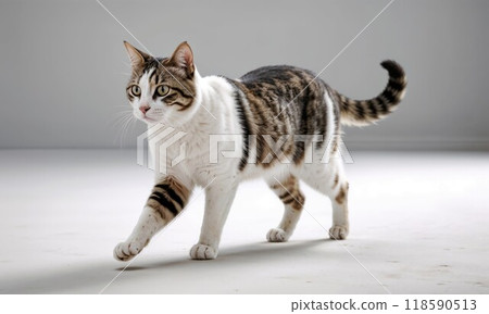 A brown and white cat is gracefully walking on a white surface 118590513