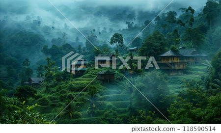 A quaint village lies in a lush green forest with vibrant flora 118590514