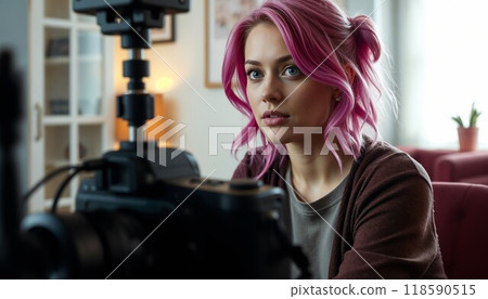 A blogger woman with vibrant pink hair is sitting comfortably in front of a camera 118590515