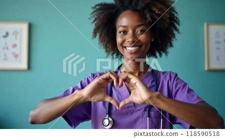 A compassionate nurse is creating a heart shape using her hands 118590518