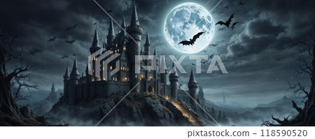 A castle with bats and a full moon in the background 118590520