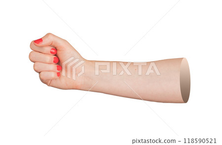 Fist gesture, greeting bump. Elegant woman with red manicure, closeup of fingernails and hand. 118590521