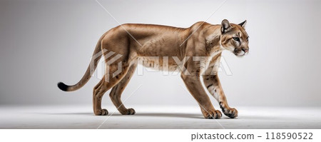 A mountain lion is currently walking on a white, clean surface A mountain lion is currently walking on a white, clean surface 118590522