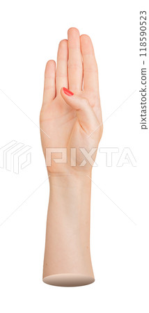 Four fingers up, hand gesture for counting. Showing the number 4, symbol of the fourth digit. Four fingers up, hand gesture for counting. Showing the number 4, symbol of the fourth digit. 118590523